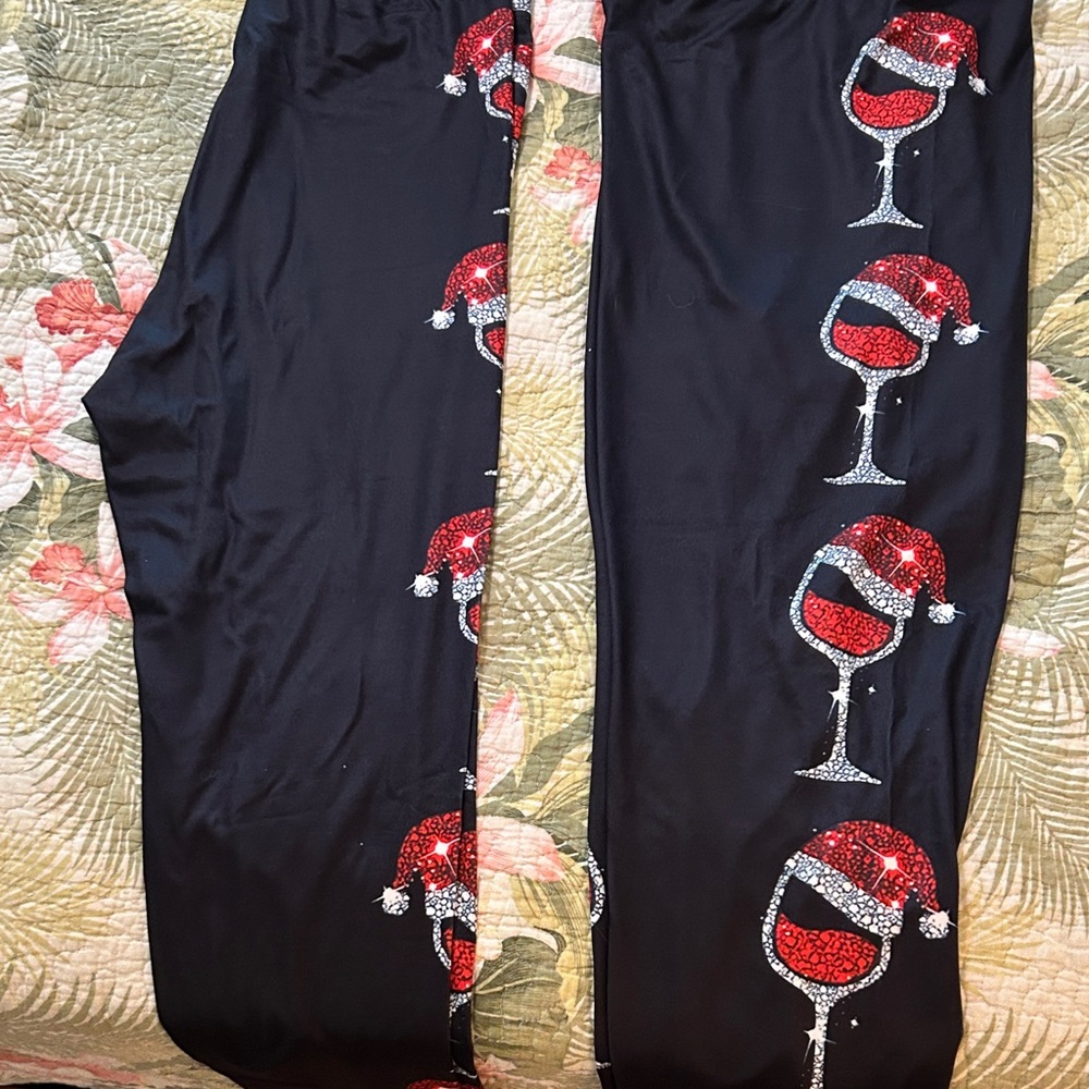 2 for one Festive Black Leggings with Wine Glass Design